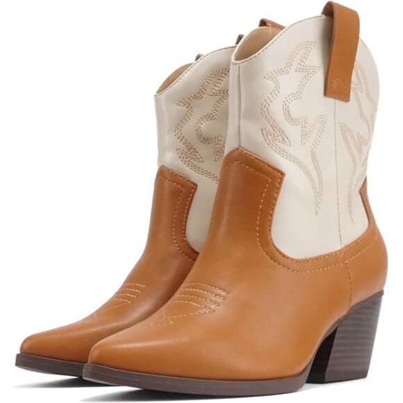 Blazing Ankle Boot Women Brown White Imitation Suede  Pointe Toe  Low Heel - Picture 1 of 4